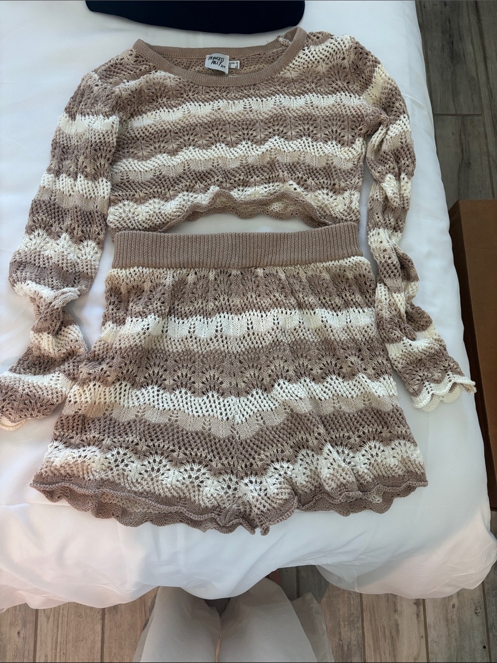 Princess Polly Beige and White Crocheted Knit Two-Piece Top